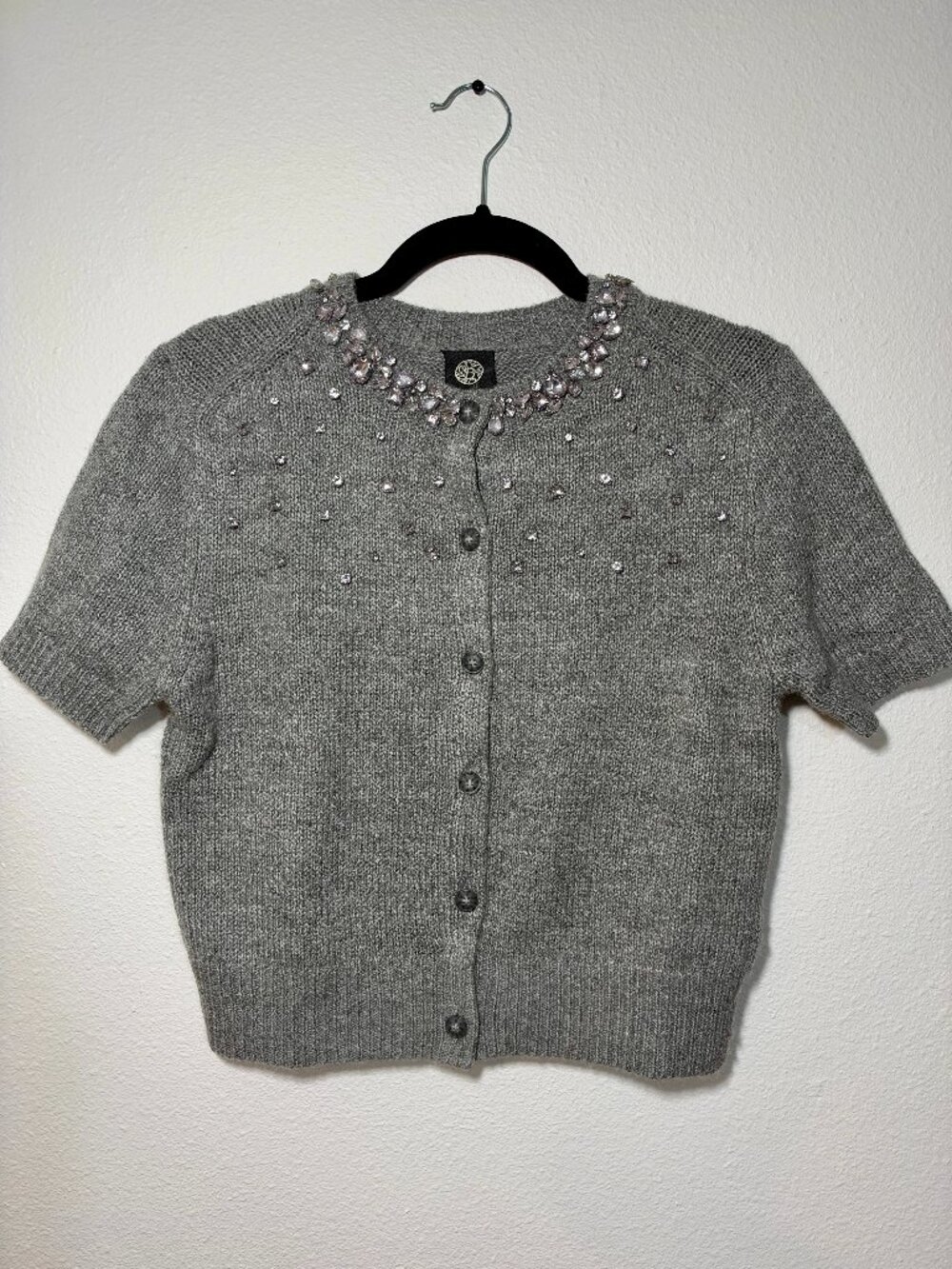 Rhinestone Embellished / Jewel Neck Short Sleeve Cardigan Sweater in Gray Size M